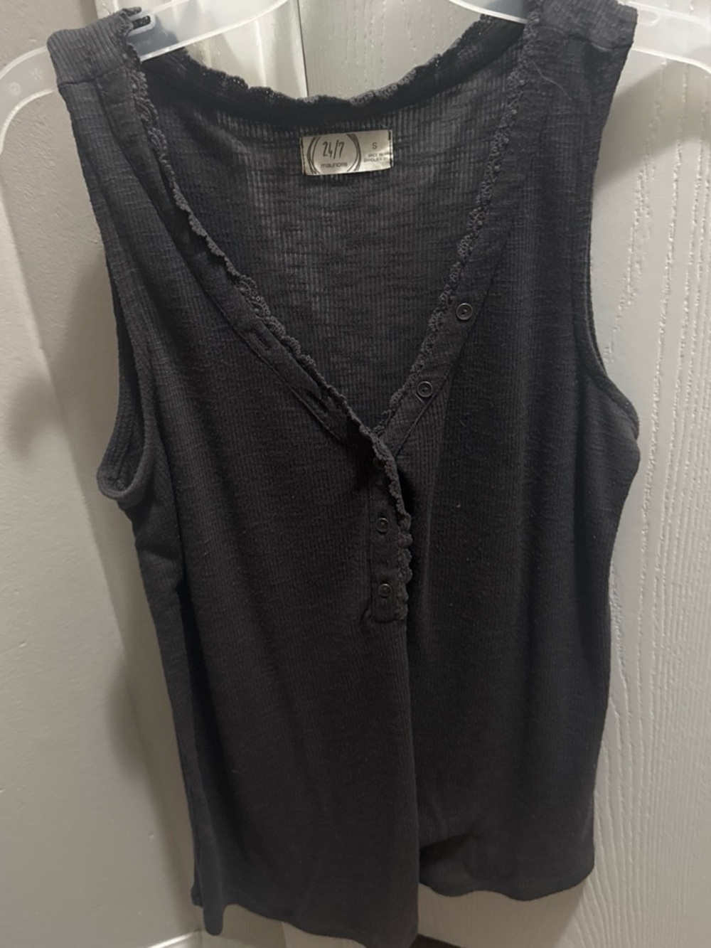 Maurices Black Ribbed Henley Tank with Scalloped Trim